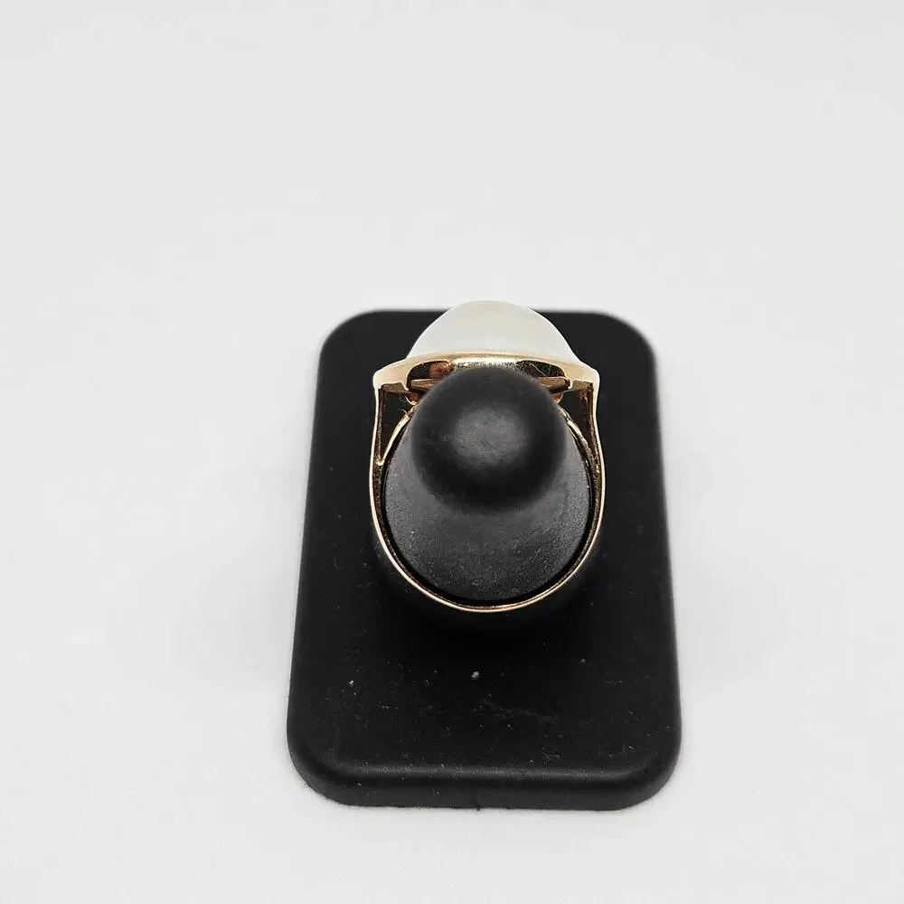 Estate 14K Yellow Gold Blister Pearl Ring Size 7 Bezel Set Split Shank Round - Picture 2 of 7